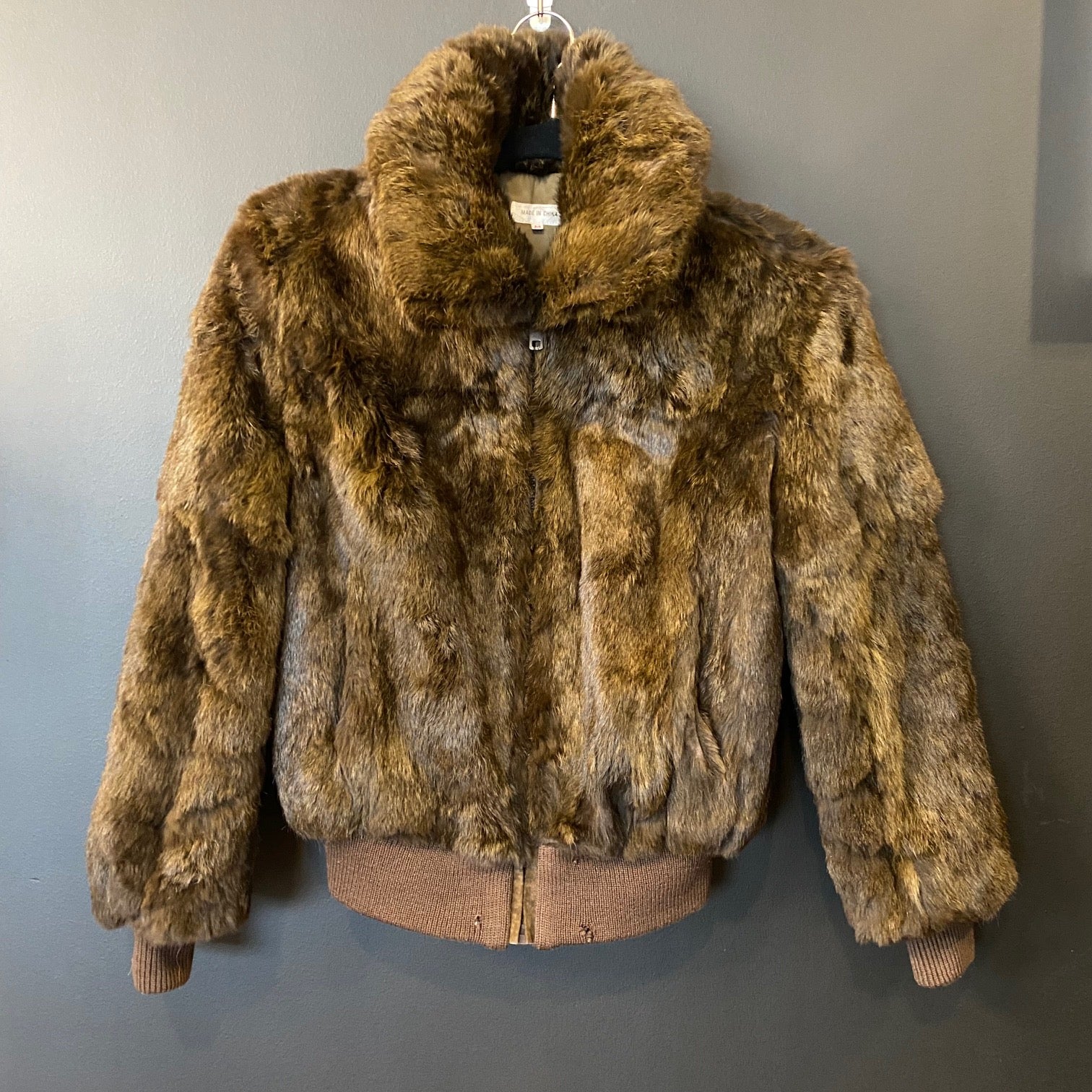 Brown Rabbit Fur Bomber Coat